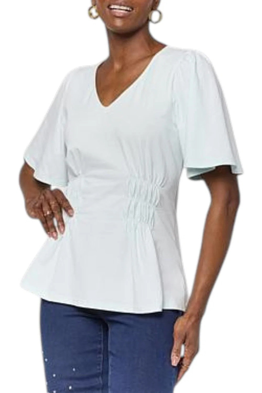 DG2 by Diane Gilman Women's Flutter-Slv Shirred Waist V-Neck Top Sky - Regular